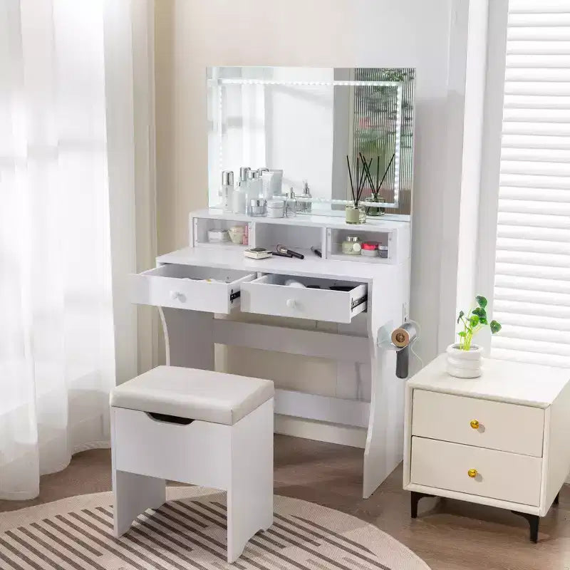 VECELO Coiffeuse avec Miroir Lumineux LED et Prise Électrique, Table de Maquillage avec 4 Tiroirs et Tabouret de Rangement, 3 Modes d'Éclairage Réglables pour Chambre à Coucher