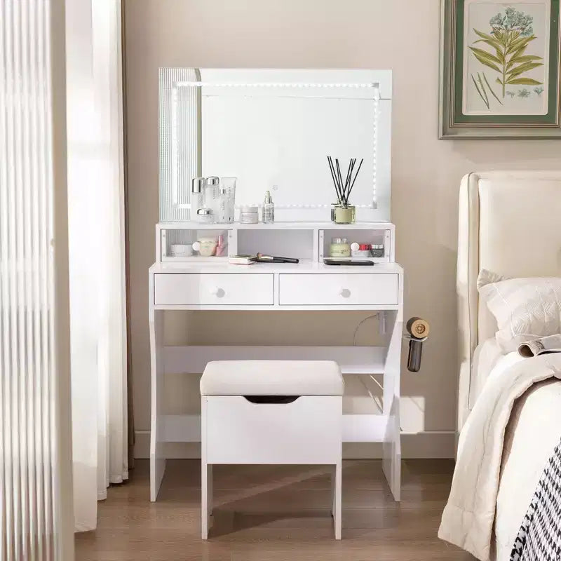 VECELO Coiffeuse avec Miroir Lumineux LED et Prise Électrique, Table de Maquillage avec 4 Tiroirs et Tabouret de Rangement, 3 Modes d'Éclairage Réglables pour Chambre à Coucher