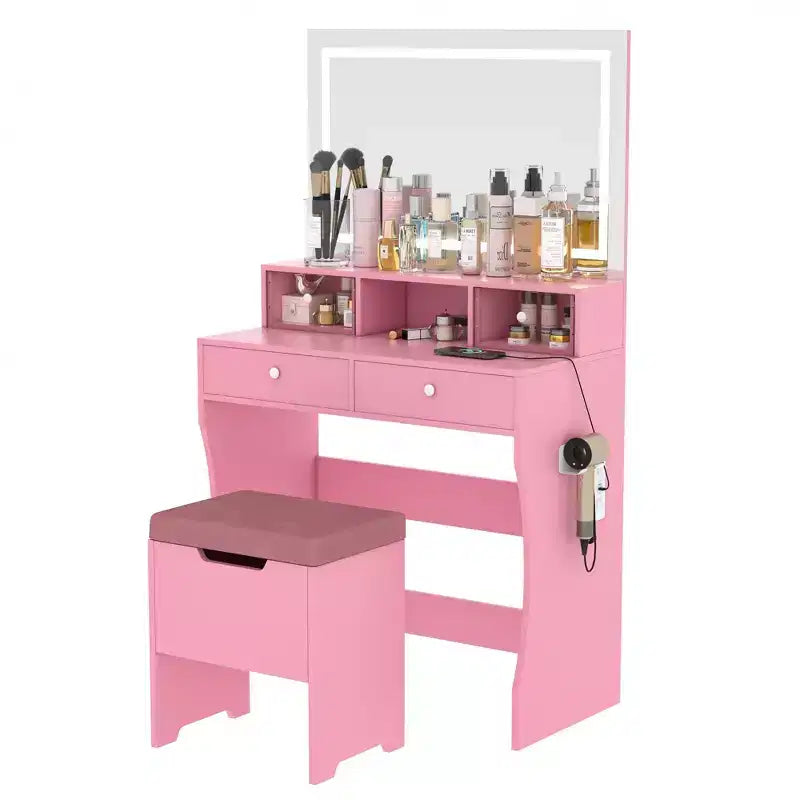 VECELO Coiffeuse avec Miroir Lumineux LED et Prise Électrique, Table de Maquillage avec 4 Tiroirs et Tabouret de Rangement, 3 Modes d'Éclairage Réglables pour Chambre à Coucher