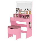 VECELO Coiffeuse avec Miroir Lumineux LED et Prise Électrique, Table de Maquillage avec 4 Tiroirs et Tabouret de Rangement, 3 Modes d'Éclairage Réglables pour Chambre à Coucher