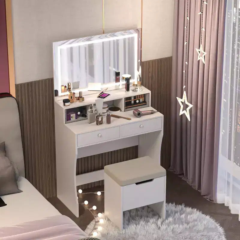 VECELO Coiffeuse avec Miroir Lumineux LED et Prise Électrique, Table de Maquillage avec 4 Tiroirs et Tabouret de Rangement, 3 Modes d'Éclairage Réglables pour Chambre à Coucher
