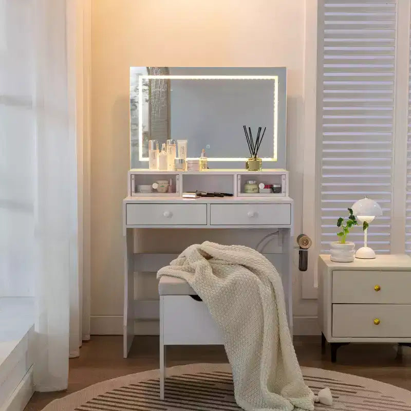 VECELO Coiffeuse avec Miroir Lumineux LED et Prise Électrique, Table de Maquillage avec 4 Tiroirs et Tabouret de Rangement, 3 Modes d'Éclairage Réglables pour Chambre à Coucher