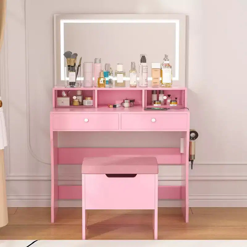 VECELO Coiffeuse avec Miroir Lumineux LED et Prise Électrique, Table de Maquillage avec 4 Tiroirs et Tabouret de Rangement, 3 Modes d'Éclairage Réglables pour Chambre à Coucher