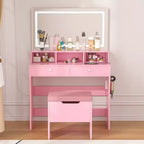 VECELO Coiffeuse avec Miroir Lumineux LED et Prise Électrique, Table de Maquillage avec 4 Tiroirs et Tabouret de Rangement, 3 Modes d'Éclairage Réglables pour Chambre à Coucher
