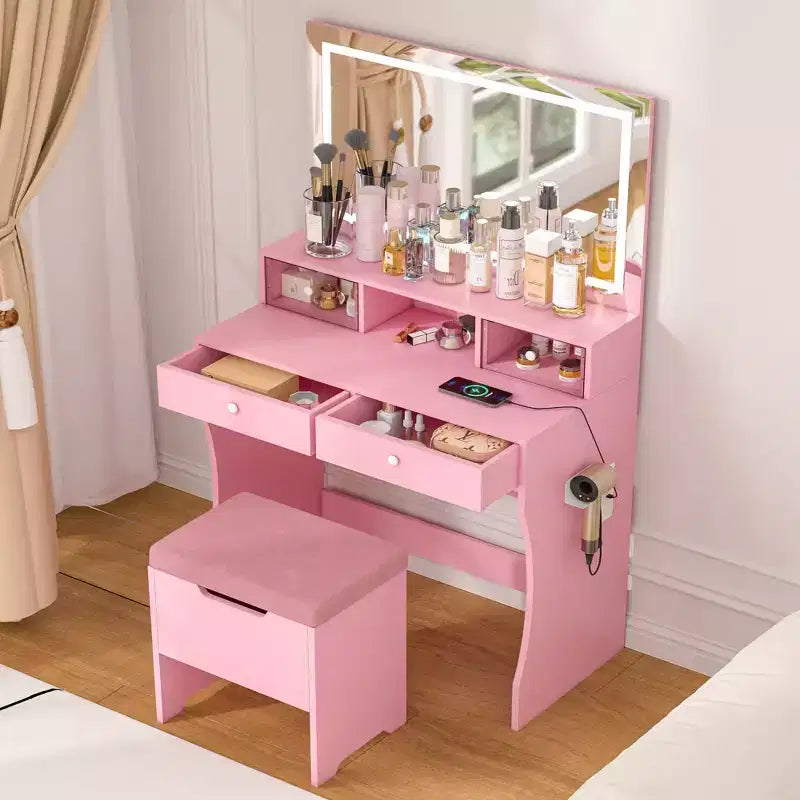 VECELO Coiffeuse avec Miroir Lumineux LED et Prise Électrique, Table de Maquillage avec 4 Tiroirs et Tabouret de Rangement, 3 Modes d'Éclairage Réglables pour Chambre à Coucher