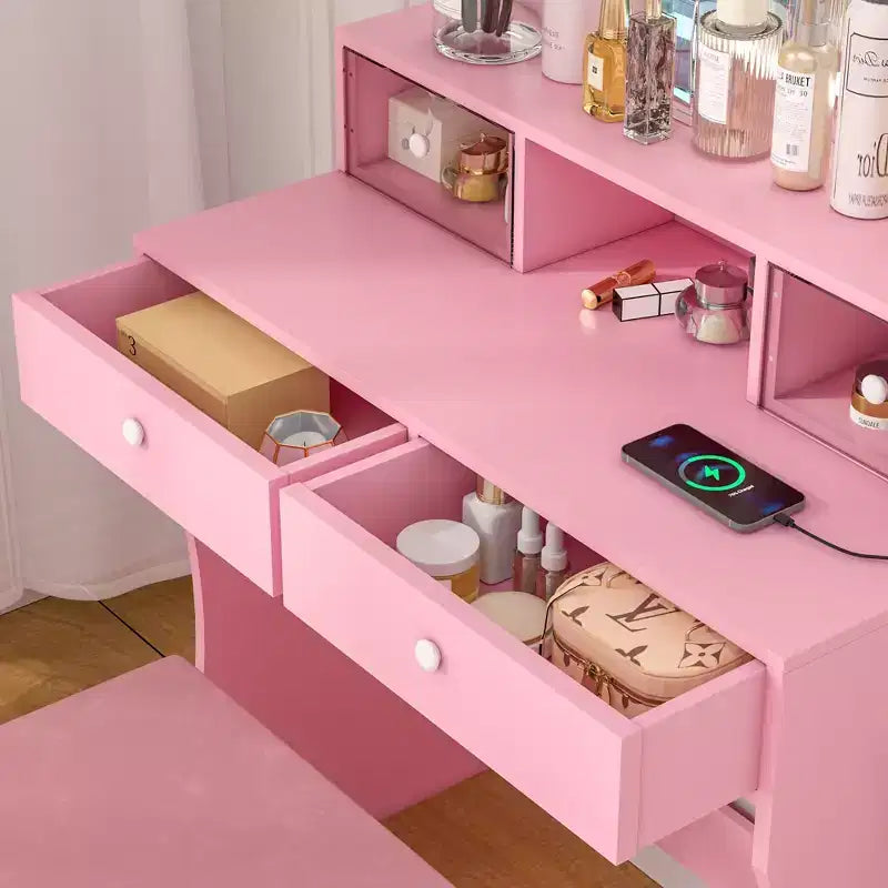 VECELO Coiffeuse avec Miroir Lumineux LED et Prise Électrique, Table de Maquillage avec 4 Tiroirs et Tabouret de Rangement, 3 Modes d'Éclairage Réglables pour Chambre à Coucher