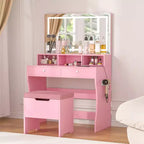 VECELO Coiffeuse avec Miroir Lumineux LED et Prise Électrique, Table de Maquillage avec 4 Tiroirs et Tabouret de Rangement, 3 Modes d'Éclairage Réglables pour Chambre à Coucher