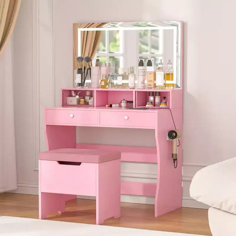 VECELO Coiffeuse avec Miroir Lumineux LED et Prise Électrique, Table de Maquillage avec 4 Tiroirs et Tabouret de Rangement, 3 Modes d'Éclairage Réglables pour Chambre à Coucher