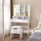 VECELO Coiffeuse avec Miroir Lumineux LED et Prise Électrique, Table de Maquillage avec 4 Tiroirs et Tabouret de Rangement, 3 Modes d'Éclairage Réglables pour Chambre à Coucher