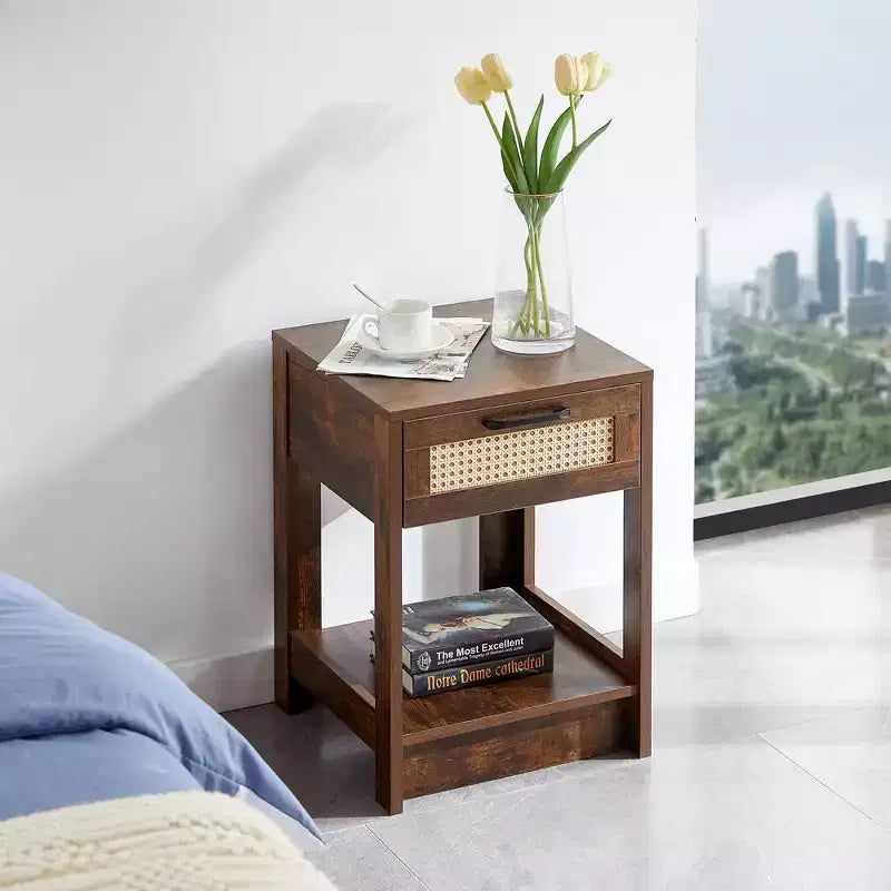 MAYEERTY Table d'appoint en rotin avec tiroir, table de chevet moderne, table d'appoint pour salon, chambre à coucher, marron rustique