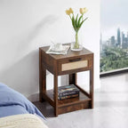 MAYEERTY Table d'appoint en rotin avec tiroir, table de chevet moderne, table d'appoint pour salon, chambre à coucher, marron rustique