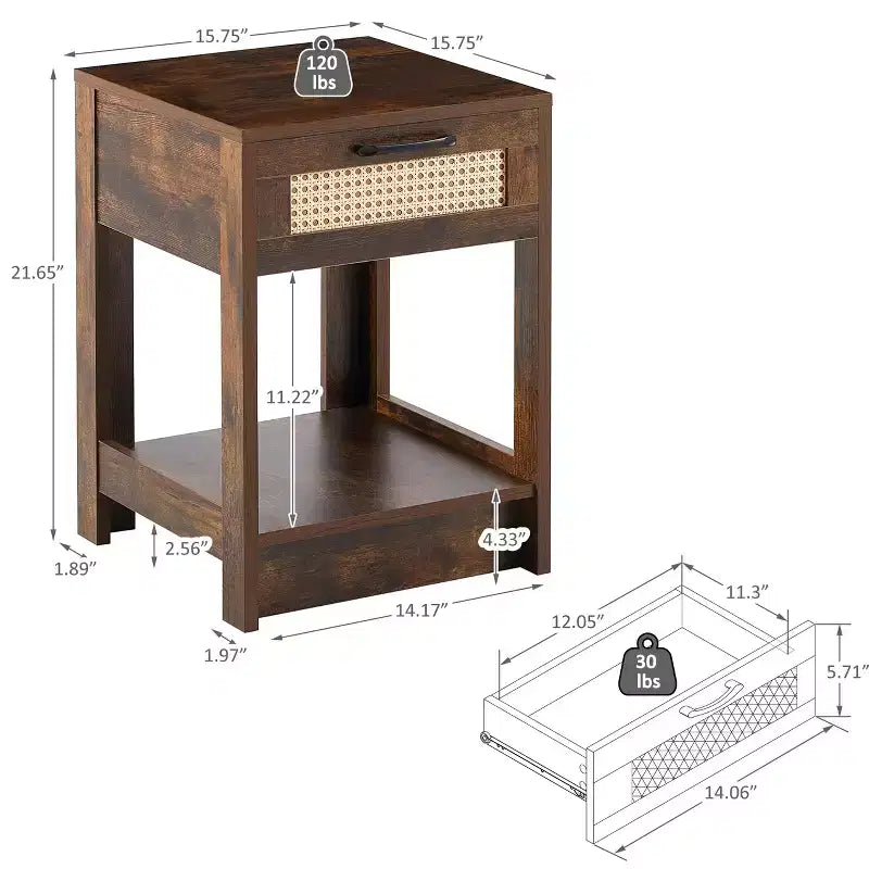 MAYEERTY Table d'appoint en rotin avec tiroir, table de chevet moderne, table d'appoint pour salon, chambre à coucher, marron rustique