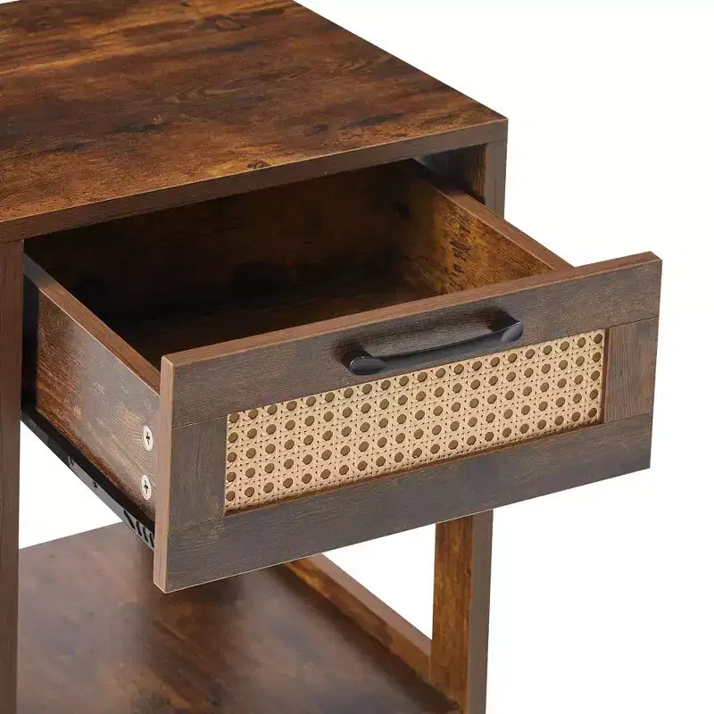 MAYEERTY Table d'appoint en rotin avec tiroir, table de chevet moderne, table d'appoint pour salon, chambre à coucher, marron rustique