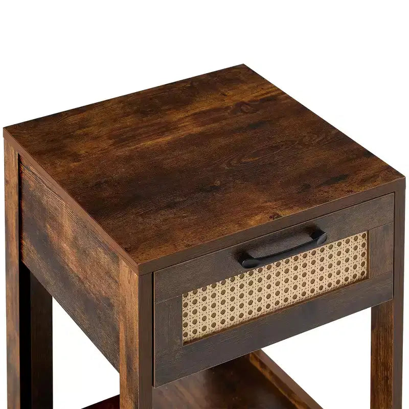 MAYEERTY Table d'appoint en rotin avec tiroir, table de chevet moderne, table d'appoint pour salon, chambre à coucher, marron rustique