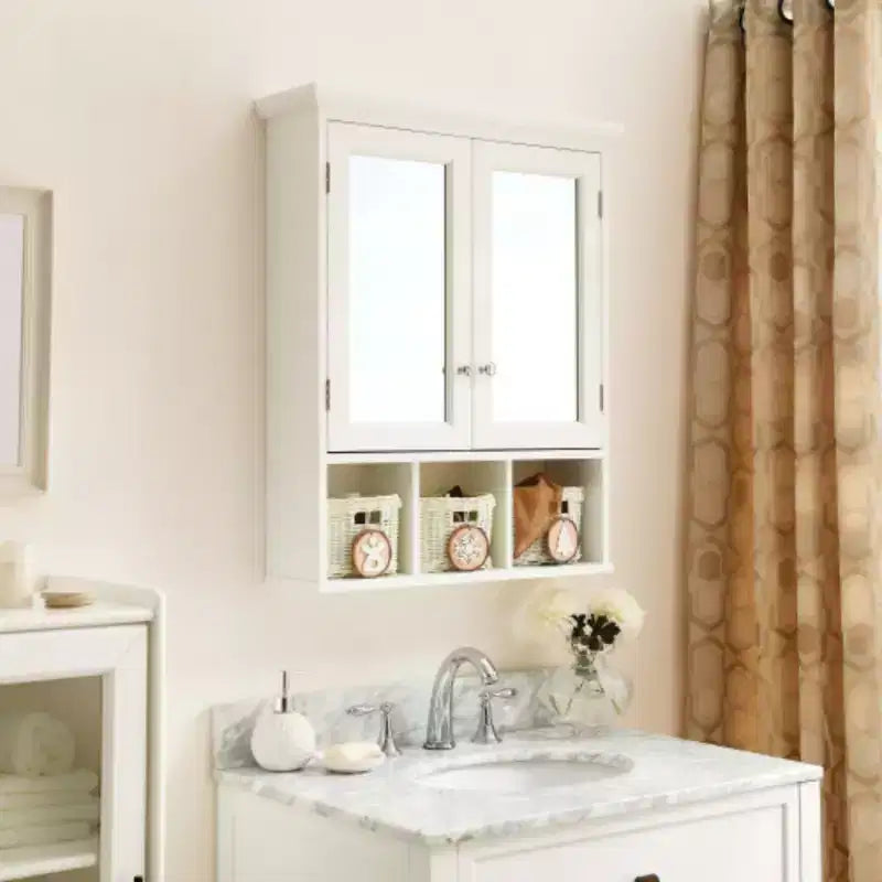 Meuble de salle de bain mural blanc avec miroir, 2 portes, 2 étagères, 3 paniers
