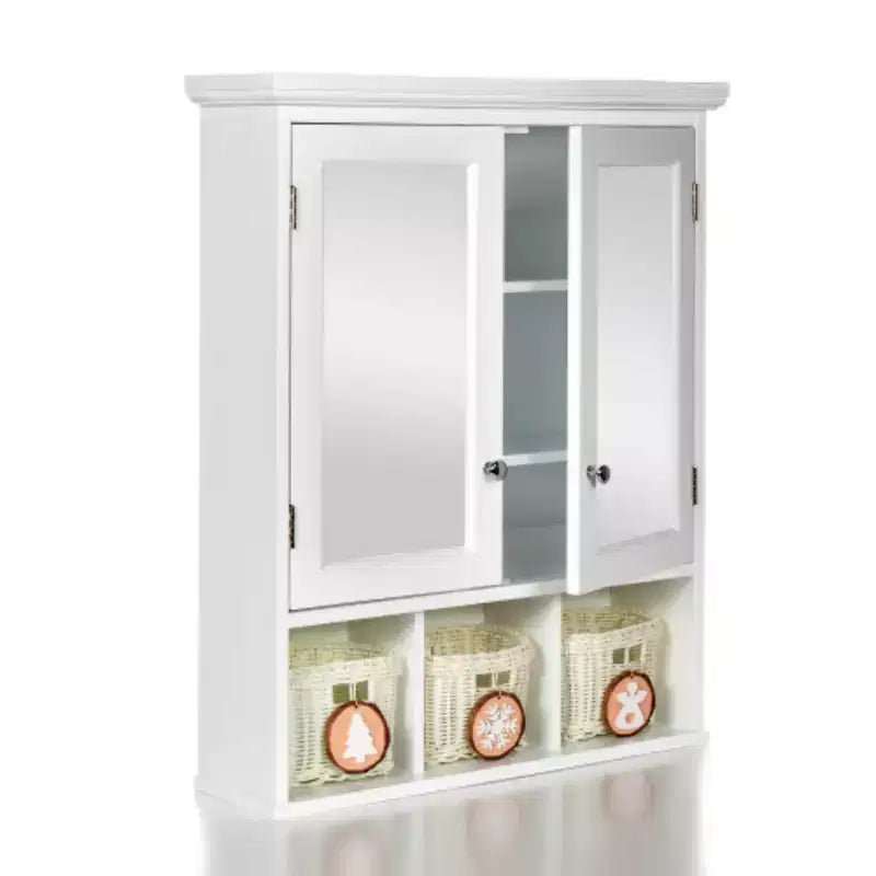 Meuble de salle de bain mural blanc avec miroir, 2 portes, 2 étagères, 3 paniers