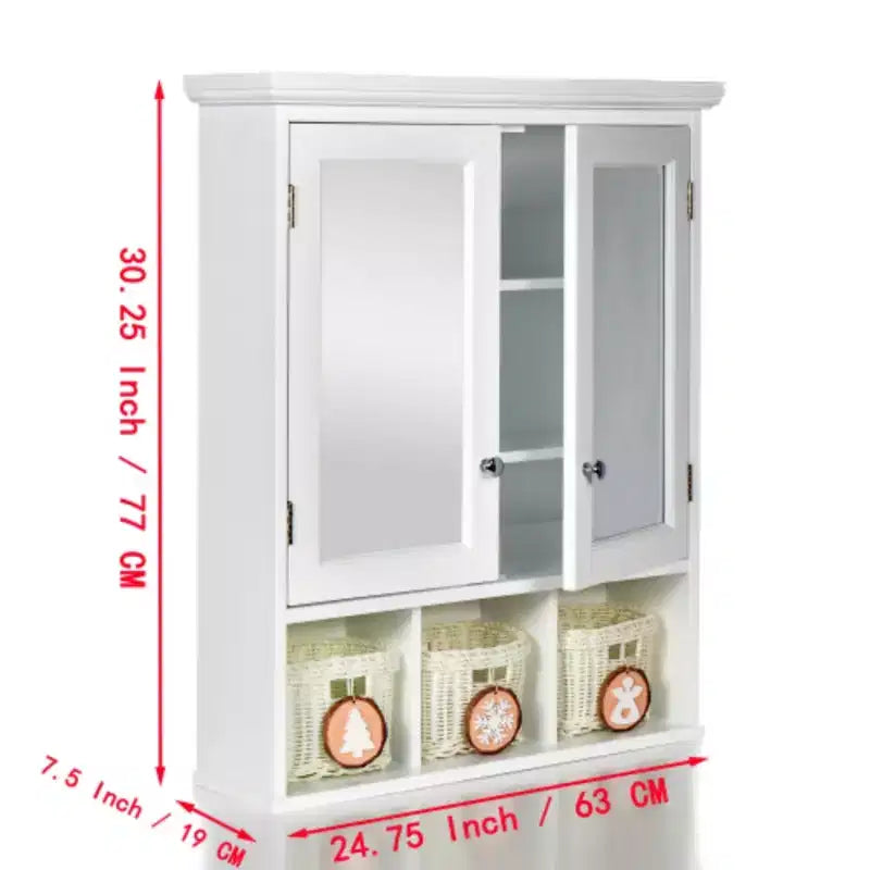 Meuble de salle de bain mural blanc avec miroir, 2 portes, 2 étagères, 3 paniers