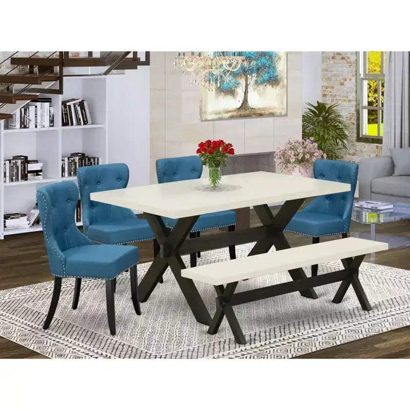 Ensemble de salle à manger 6 pièces HomeStock avec chaises en lin bleu