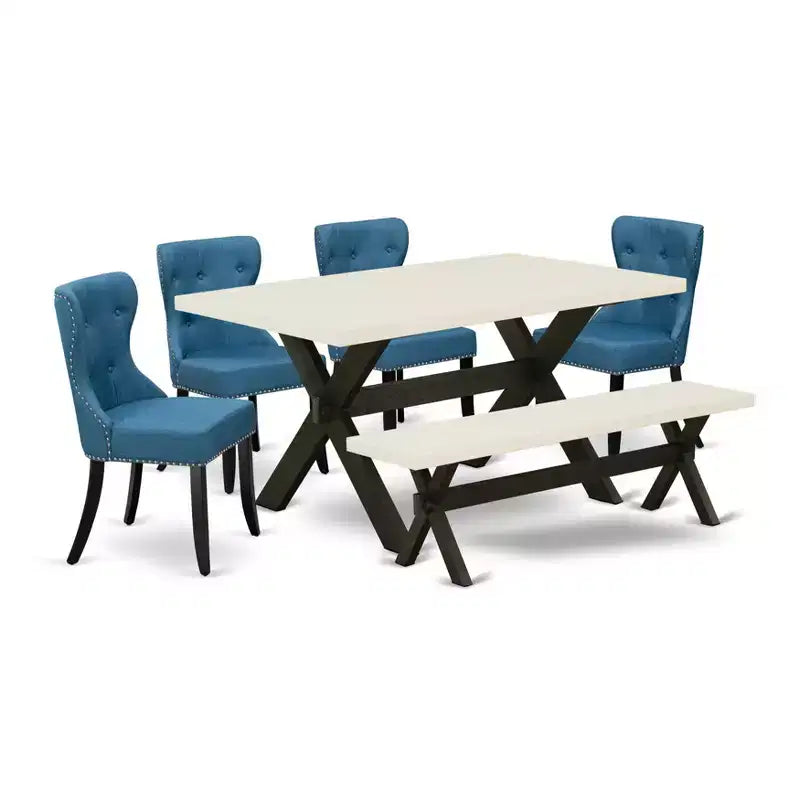 Ensemble de salle à manger 6 pièces HomeStock avec chaises en lin bleu