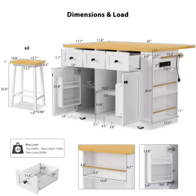 Îlot de cuisine blanc de 53 pouces avec 2 tabourets de bar, chariot de rangement de cuisine sur 5 roulettes avec abattant pour salle à manger de cuisine