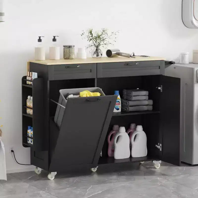 Îlot de cuisine roulant avec prise de courant et abattant, Desserte de cuisine avec meuble de rangement pour poubelle