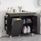 Îlot de cuisine roulant avec prise de courant et abattant, Desserte de cuisine avec meuble de rangement pour poubelle
