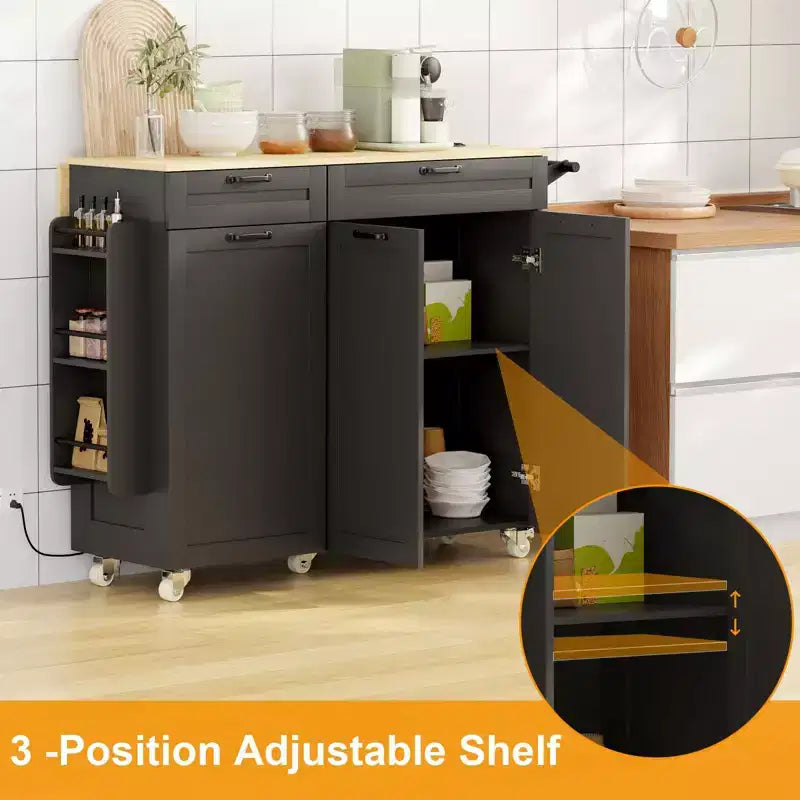 Îlot de cuisine roulant avec prise de courant et abattant, Desserte de cuisine avec meuble de rangement pour poubelle