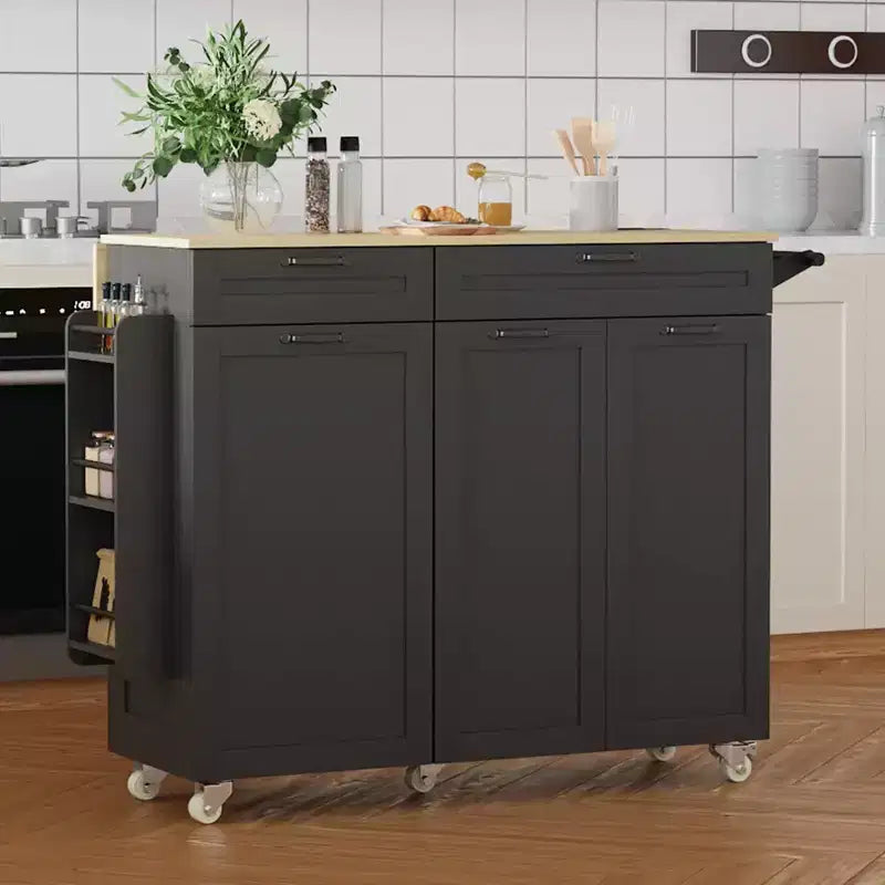 Îlot de cuisine roulant avec prise de courant et abattant, Desserte de cuisine avec meuble de rangement pour poubelle
