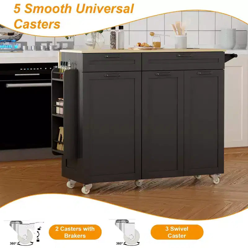 Îlot de cuisine roulant avec prise de courant et abattant, Desserte de cuisine avec meuble de rangement pour poubelle
