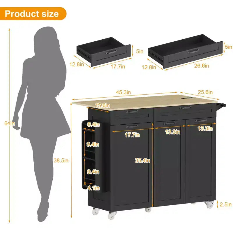Îlot de cuisine roulant avec prise de courant et abattant, Desserte de cuisine avec meuble de rangement pour poubelle