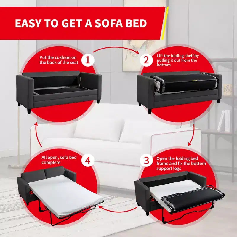 Mjkone Canapé-lit deux places, canapé convertible 2-en-1 en cuir avec matelas pliable, canapé-lit escamotable 2 places avec cadre métallique pour petits espaces