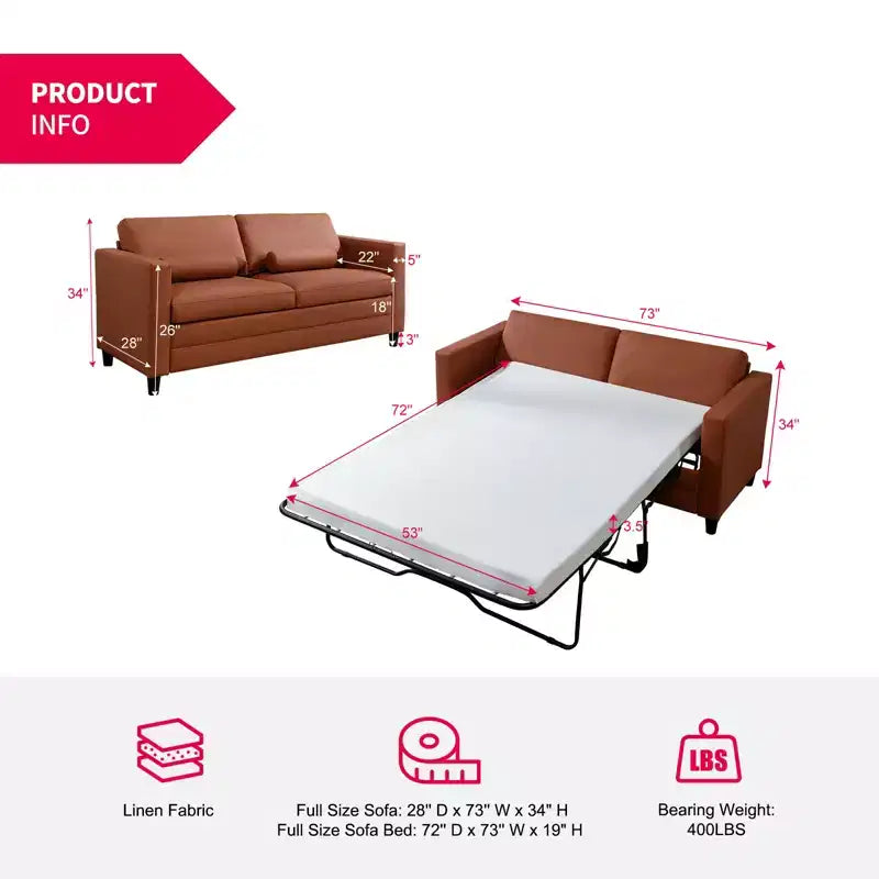 Mjkone Canapé-lit deux places, canapé convertible 2-en-1 en cuir avec matelas pliable, canapé-lit escamotable 2 places avec cadre métallique pour petits espaces