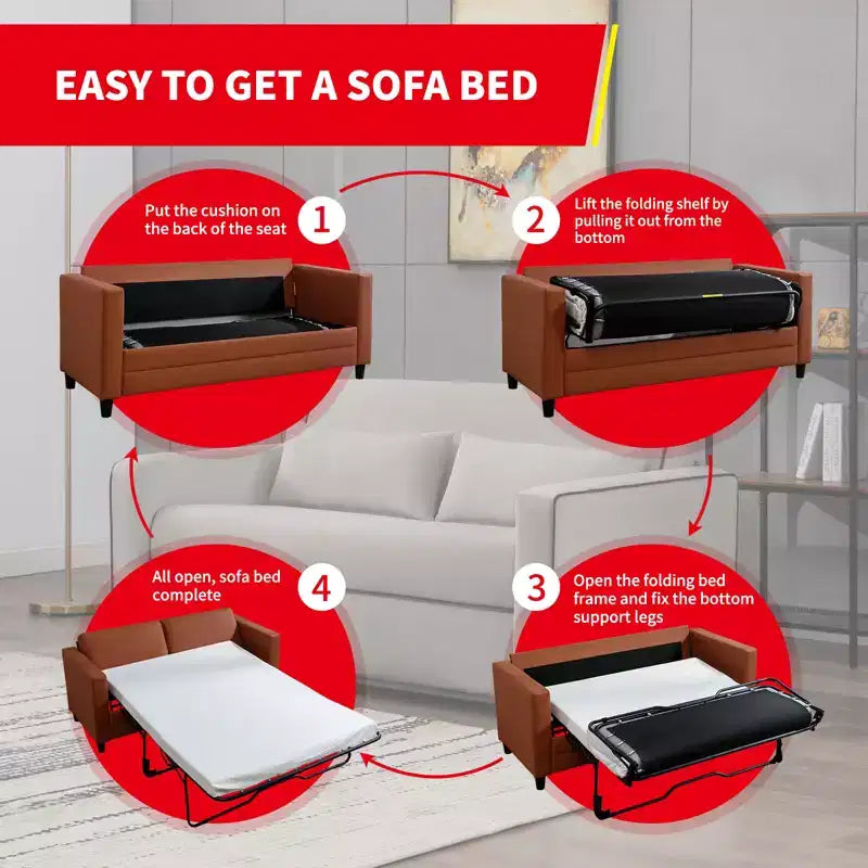Mjkone Canapé-lit deux places, canapé convertible 2-en-1 en cuir avec matelas pliable, canapé-lit escamotable 2 places avec cadre métallique pour petits espaces