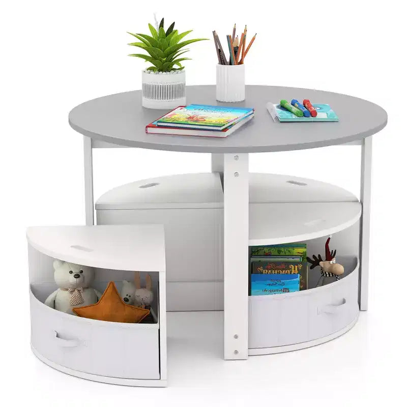 Ensemble Table et 4 Chaises Enfant Costway, Table Ronde Gigogne Meuble pour Tout-Petits Gris/Naturel