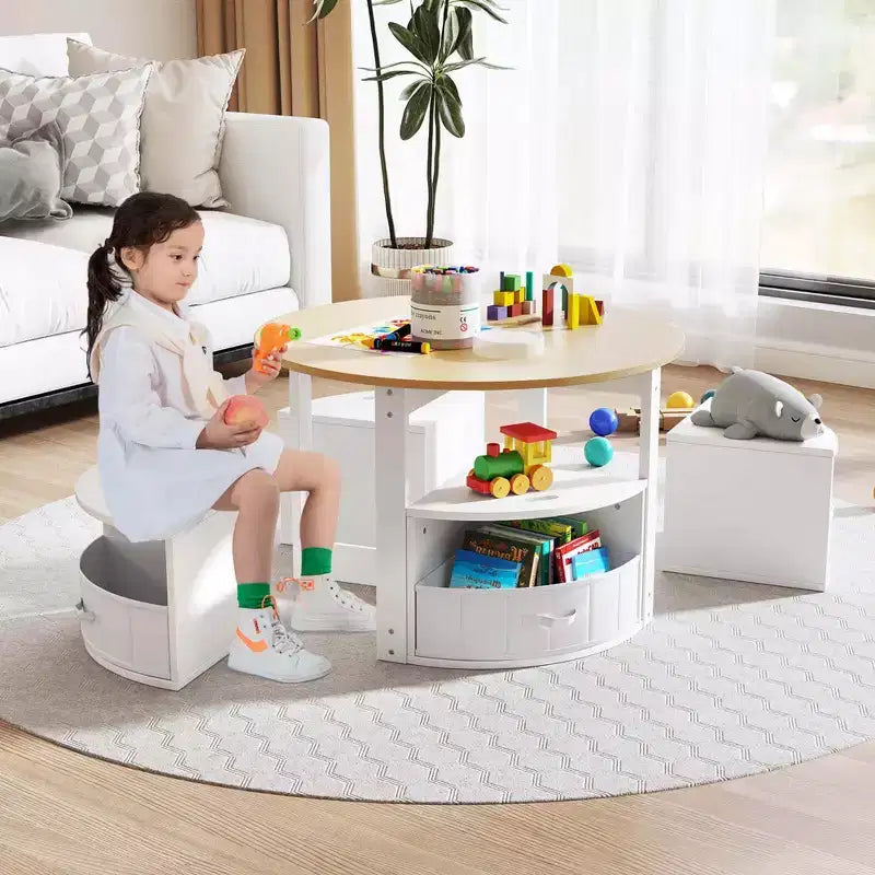 Ensemble Table et 4 Chaises Enfant Costway, Table Ronde Gigogne Meuble pour Tout-Petits Gris/Naturel