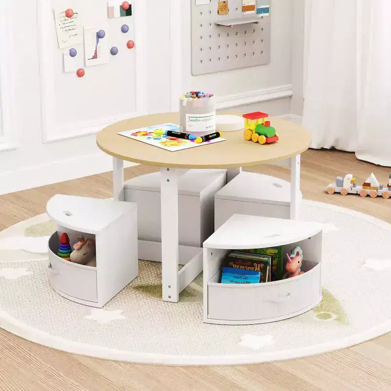 Ensemble Table et 4 Chaises Enfant Costway, Table Ronde Gigogne Meuble pour Tout-Petits Gris/Naturel