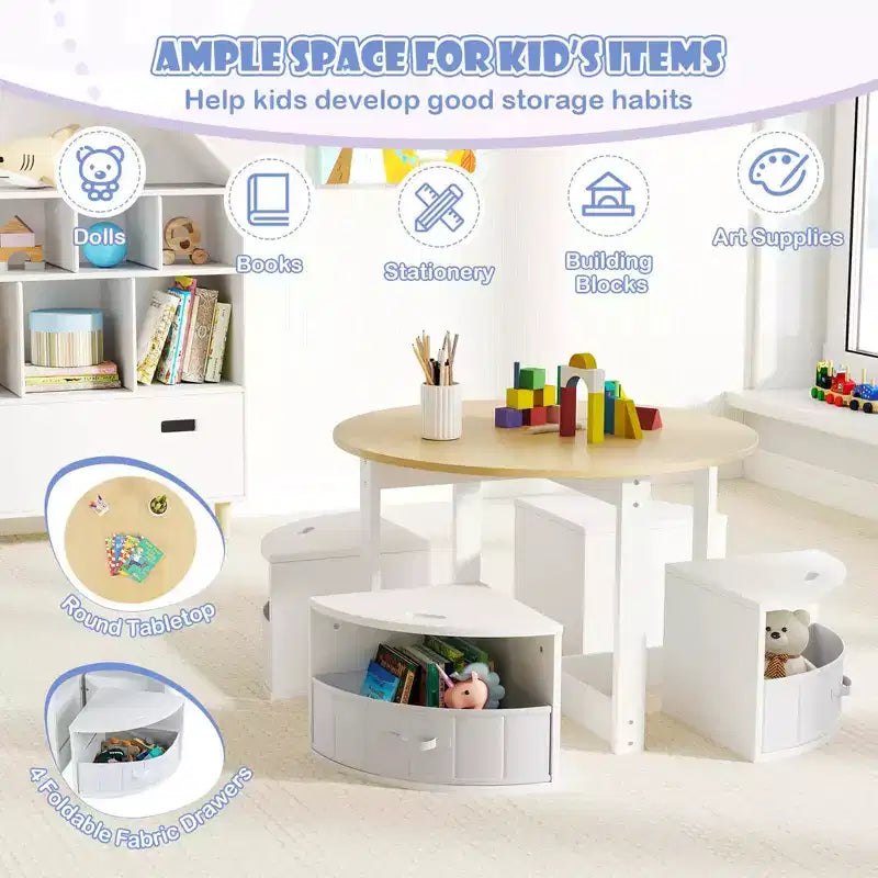 Ensemble Table et 4 Chaises Enfant Costway, Table Ronde Gigogne Meuble pour Tout-Petits Gris/Naturel