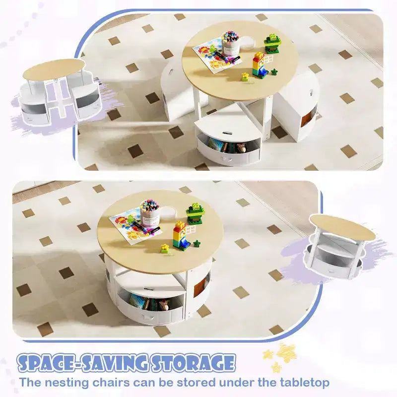 Ensemble Table et 4 Chaises Enfant Costway, Table Ronde Gigogne Meuble pour Tout-Petits Gris/Naturel