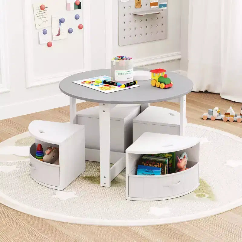 Ensemble Table et 4 Chaises Enfant Costway, Table Ronde Gigogne Meuble pour Tout-Petits Gris/Naturel