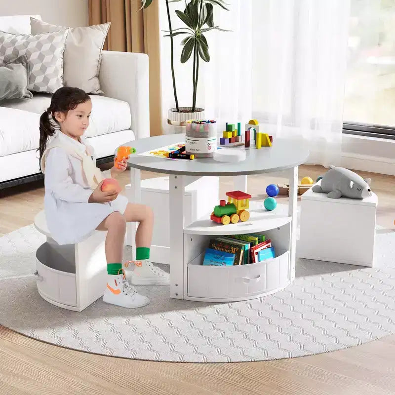 Ensemble Table et 4 Chaises Enfant Costway, Table Ronde Gigogne Meuble pour Tout-Petits Gris/Naturel