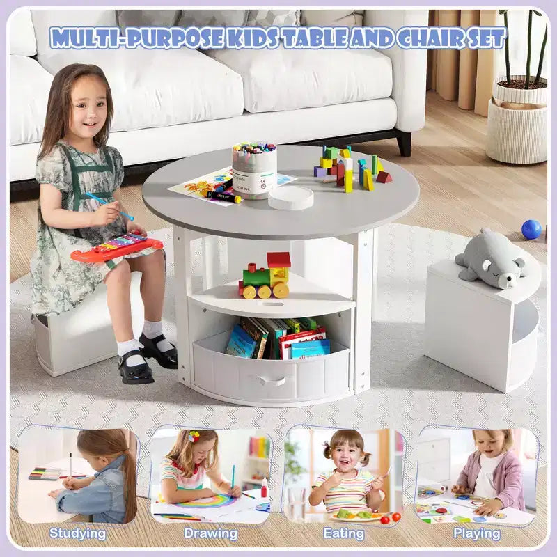 Ensemble Table et 4 Chaises Enfant Costway, Table Ronde Gigogne Meuble pour Tout-Petits Gris/Naturel