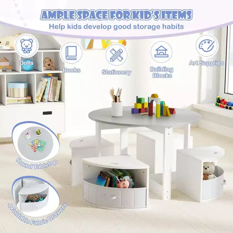 Ensemble Table et 4 Chaises Enfant Costway, Table Ronde Gigogne Meuble pour Tout-Petits Gris/Naturel