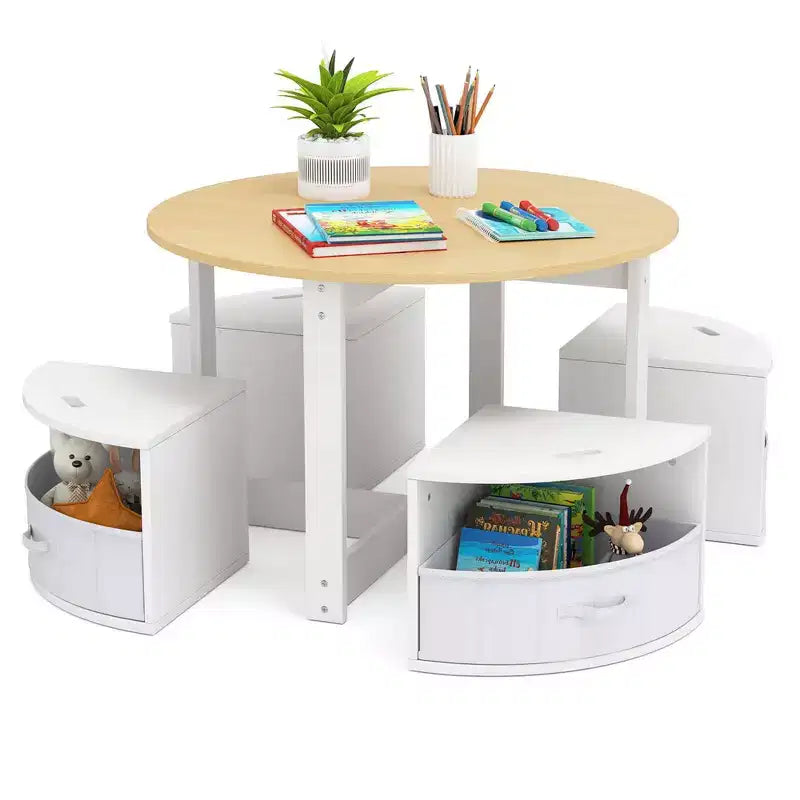 Ensemble Table et 4 Chaises Enfant Costway, Table Ronde Gigogne Meuble pour Tout-Petits Gris/Naturel