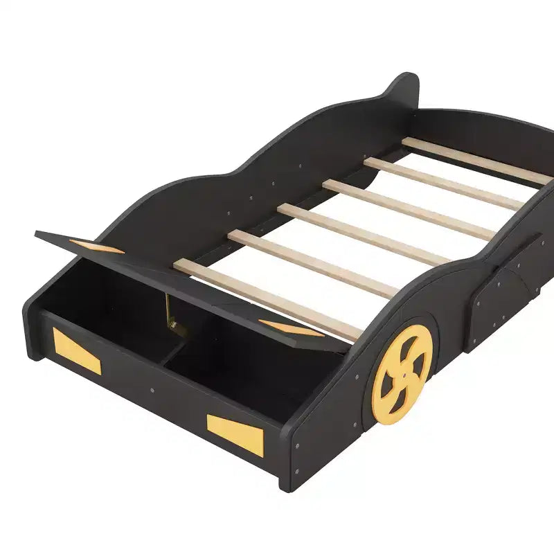 Lit plateforme Whisen en forme de voiture de course avec roulettes et rangement