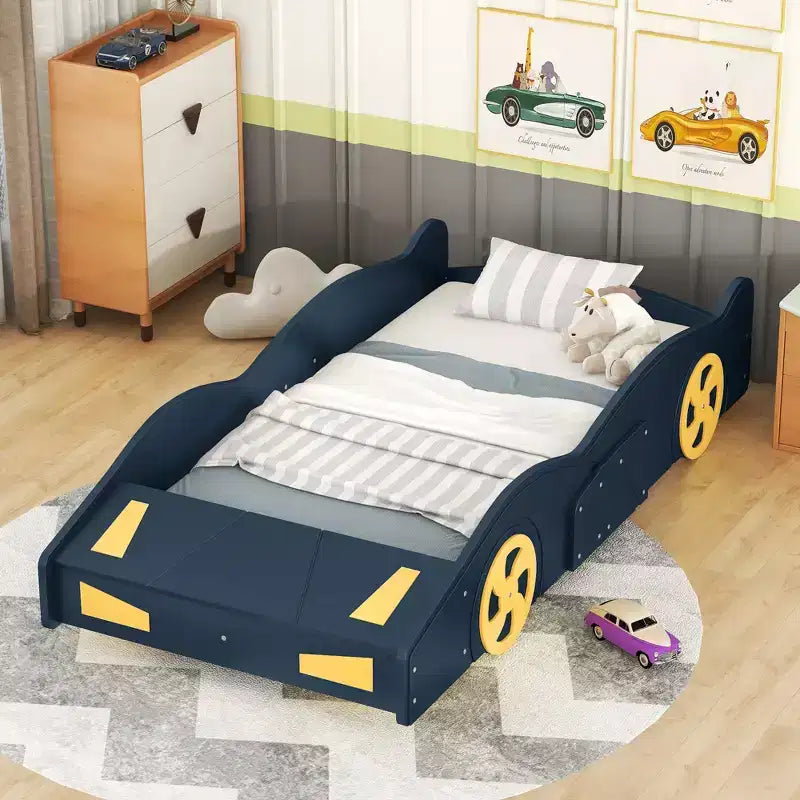 Lit plateforme Whisen en forme de voiture de course avec roulettes et rangement
