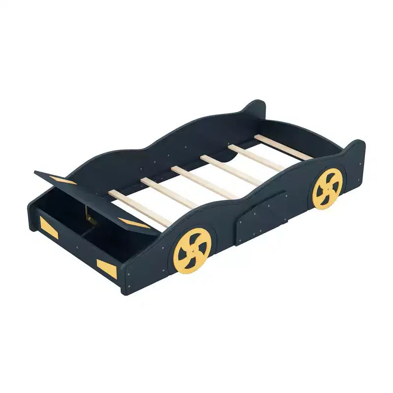 Lit plateforme Whisen en forme de voiture de course avec roulettes et rangement