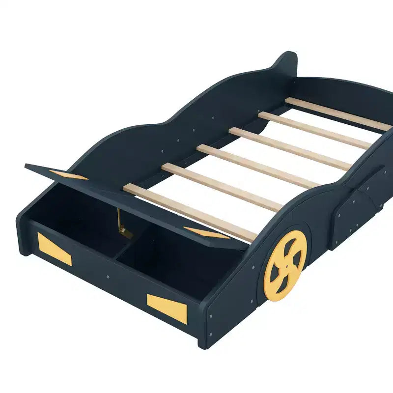 Lit plateforme Whisen en forme de voiture de course avec roulettes et rangement