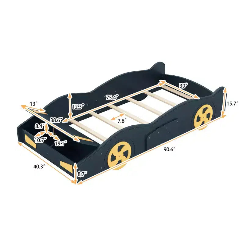 Lit plateforme Whisen en forme de voiture de course avec roulettes et rangement