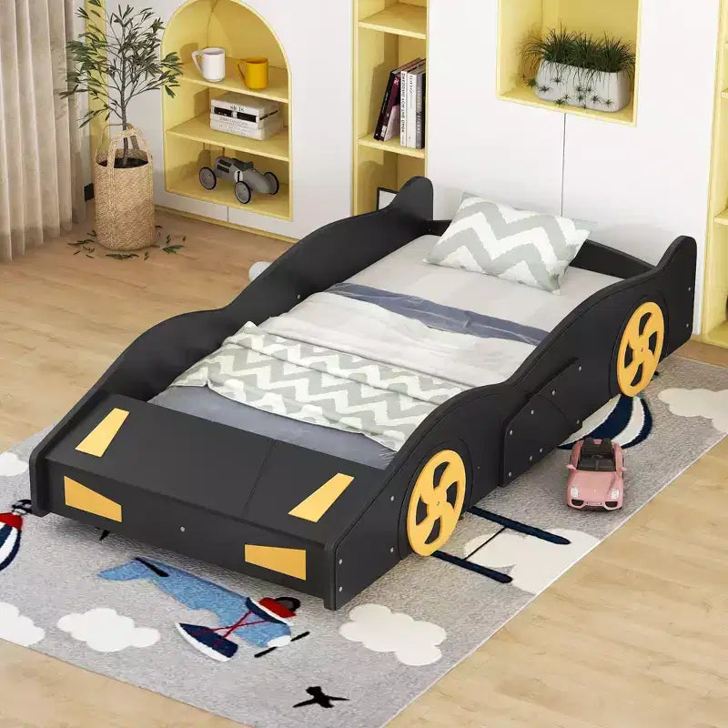Lit plateforme Whisen en forme de voiture de course avec roulettes et rangement