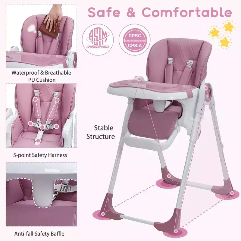 Chaise haute bébé, Chaise haute pliable pour nourrissons avec plateau amovible, Hauteur et inclinaison réglables, Chaise haute pour bébés et tout-petits